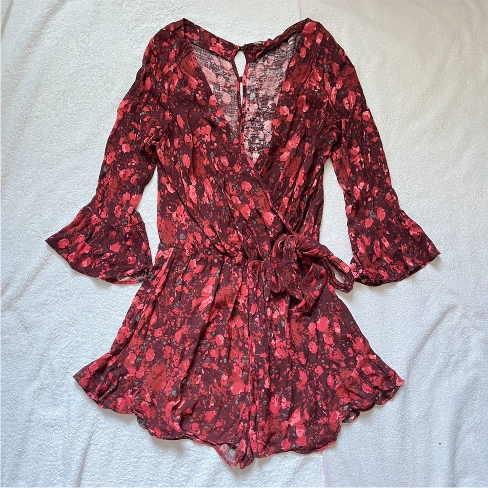 Free People Womens Maroon Berry Combo All The Right Ruffles Short Romper - Picture 2 of 11